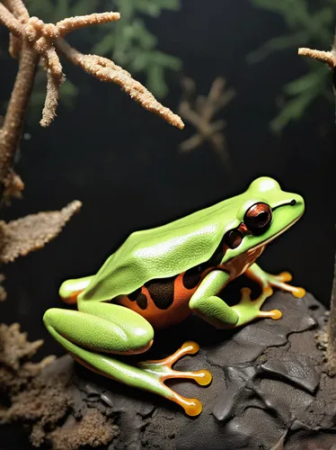 Write a scientific journal entry detailing the unique characteristics and habitat of a coral finger tree frog.,red-eyed tree frog,poison dart frog,tree frogs,coral finger tree frog,jazz frog garden or