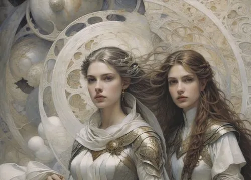 the two women in costumes are standing near one another,priestesses,canonesses,maidens,sorceresses,rhinemaidens,countesses,Illustration,Realistic Fantasy,Realistic Fantasy 03