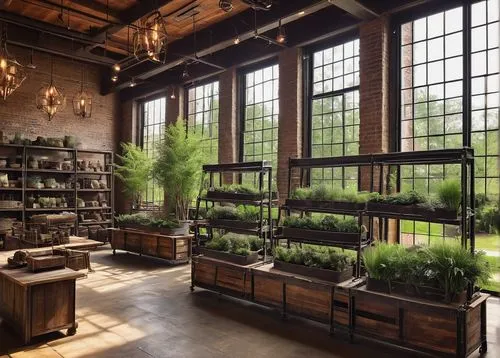 Restoration hardware store, near Indianapolis, Indiana, American Midwest style, two-story brick building, wooden decorative trims, large windows, rusty metal roofs, vintage signage, stone walls, lush 