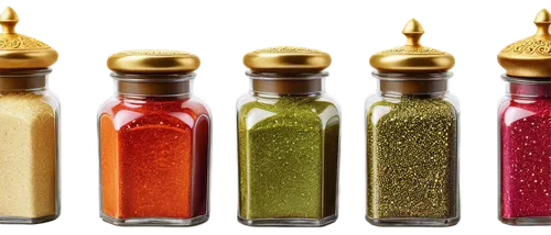 Vibrant animated spices, colorful jars, assorted shapes, transparent glass containers, golden lids, ornate labels, sparkling particles, swirling motions, dynamic composition, warm lighting, shallow de