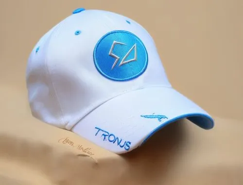 "flexfit" baseball cap, canvas trim, "SD", "TRONUS"logos, all white with Carolina blue trim color scheme ,Tronus baseball cap ,inova,novus,novis,avonex,novas,motionplus,Illustration,Realistic Fantasy,