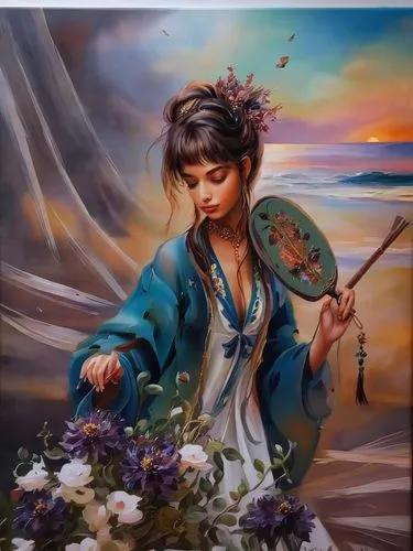 chinese art,bamboo flute,woman playing violin,oriental painting,oil painting on canvas,flute,the flute,violin player,woman playing,violin woman,girl picking flowers,oil painting,art painting,flower pa