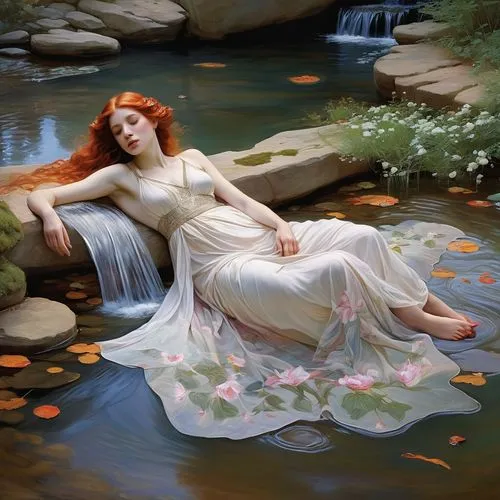 the blonde in the river,water nymph,girl on the river,rusalka,idyll,woman at the well,fantasy picture,secret garden of venus,flowing water,autumn idyll,flowing creek,gracefulness,faery,floating on the river,siren,faerie,fantasy art,immersed,crescent spring,bathing,Illustration,Paper based,Paper Based 09