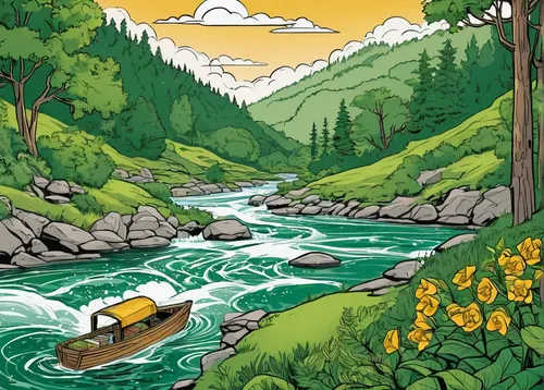 boat landscape,alaska,river landscape,canoeing,a river,mountain river,boat rapids,canoe,travel poster,kayaks,rapids,patagonia,fjäll,kayaking,fjords,kayak,rivers,travel trailer poster,canoes,montana,Illustration,American Style,American Style 13