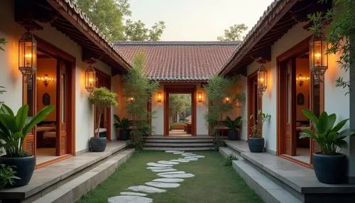 Traditional villa, fusion style, modern twist, curved roof, red tiles, white walls, intricate carvings, wooden doors, ornate windows, lantern-like lighting fixtures, lush greenery, potted plants, wind