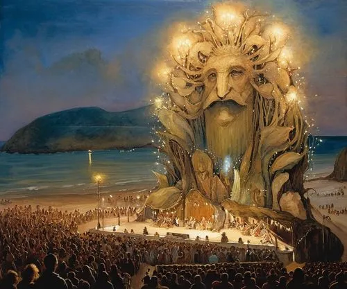 a large painting shows a large human head with trees growing out of it,god of the sea,irminsul,poseidon,bartholdi,manannan,liberty enlightening the world,Illustration,Realistic Fantasy,Realistic Fanta