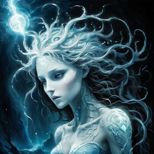 blue enchantress,fathom,undine,ice queen,the enchantress,sigyn,Illustration,Black and White,Black and White 08