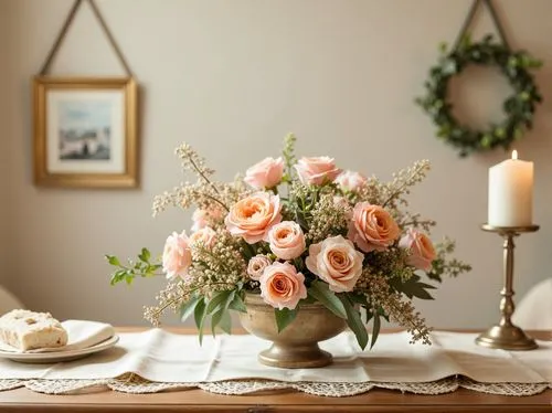 Vibrant floral arrangements, pastel hues, soft peach tones, calming mint greens, creamy whites, warm beige backgrounds, natural wood accents, subtle golden frames, delicate lace textures, romantic can