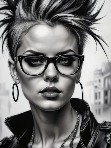 sci fiction illustration,world digital painting,reading glasses,punk design,beatnik,fashion vector,city ​​portrait,punk,girl drawing,harley,mohawk hairstyle,girl portrait,eyewear,smart look,sprint woman,artificial hair integrations,charcoal drawing,pencil drawings,image manipulation,fashion illustration,Illustration,Realistic Fantasy,Realistic Fantasy 10