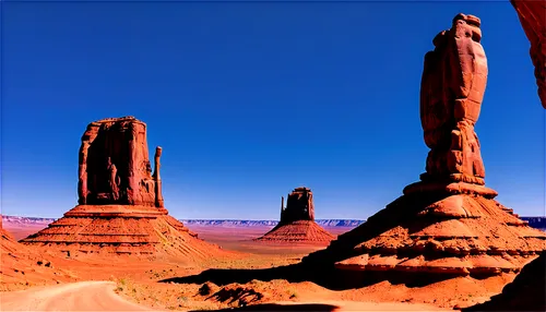 Monument Valley, iconic sandstone formations, majestic rocky structures, blue sky with few clouds, sunny day, dramatic shadows, warm light, low angle shot, vast desert landscape, rustic terrain, erode