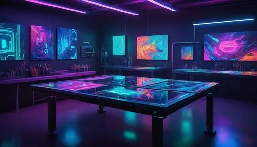 art gallery,futuristic art museum,computer room,modern room,neon cocktails,blue room,neon ghosts,game room,gallery,neon drinks,study room,black table,art museum,neon coffee,a dark room,black light,neon tea,conference room,aqua studio,neon light,Art,Artistic Painting,Artistic Painting 08