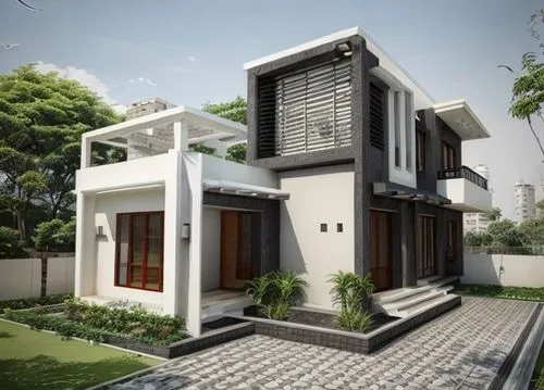 Indian Modern house look with tiles cladding and dark and light colours combination,modern house,build by mirza golam pir,floorplan home,residential house,two story house,house shape,3d rendering,hous