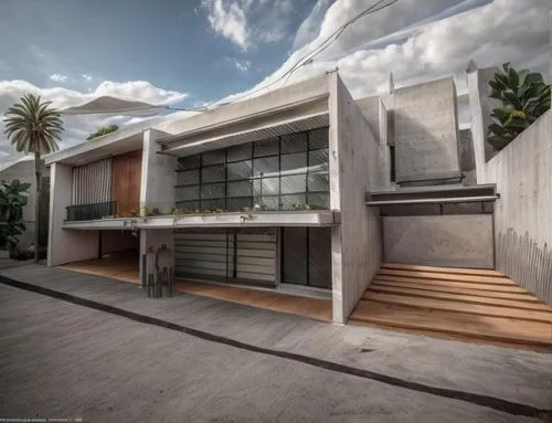 Diseño exterior de una residencia estilo mínimalista, con muros de concreto color blanco, perfiles con canal de acero en losa, ventanal de cristal en la parte superior del acceso, ventana en el estudi