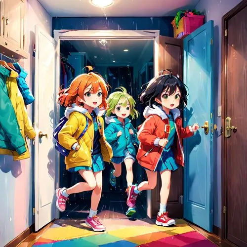 kumiko,little girls walking,haruhi suzumiya sos brigade,kawaii children,raincoats,school children,Anime,Anime,Realistic