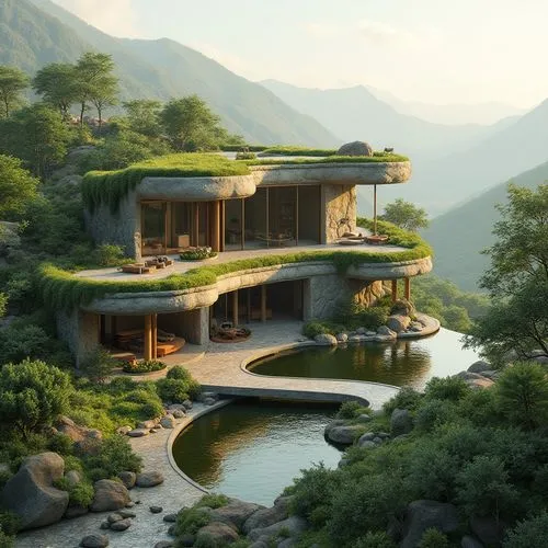 amanresorts,house in mountains,house in the mountains,asian architecture,dunes house,hushan,beautiful home,luxury property,fallingwater,shaoming,house by the water,kunplome,dreamhouse,roof landscape,teahouse,grass roof,house with lake,luxury home,shangri,forest house,Photography,General,Realistic