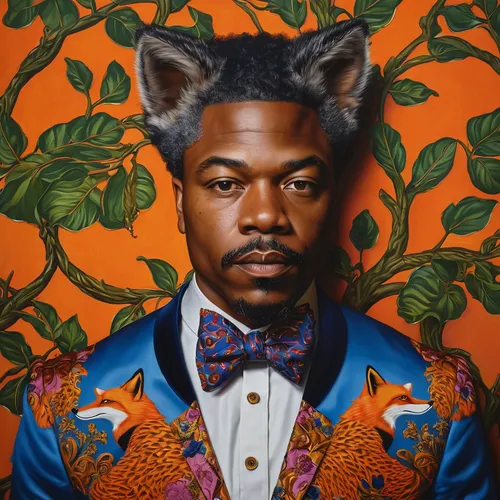 thundercat,a black man on a suit,animal feline,portrait background,wolves,wolf's milk,feline,album cover,wolf,prophet,young cat,tiger,fur,suit of spades,wolf in sheep's clothing,artist portrait,wolf bob,animal icons,raccoons,raccoon,Conceptual Art,Oil color,Oil Color 12