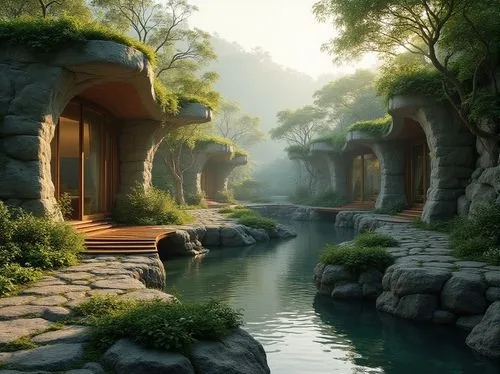 fantasy landscape,rivendell,futuristic landscape,seclude,shaoming,zen garden,fantasy picture,garden pond,japanese garden,3d fantasy,home landscape,landscaped,asian architecture,myst,fantasy art,underwater oasis,ecotopia,virtual landscape,japanese zen garden,ancient city,Photography,General,Realistic