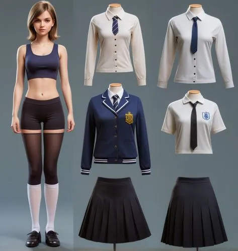 Paper doll British 16 year old schoolgirl in black sleeveless shirt ,black tight fit spandex shorts with black sock and black shoe standing surrounded by with a set of british school uniform, white dr