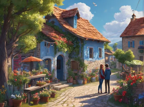 flower shop,french digital background,france,violet evergarden,home landscape,summer evening,aurora village,tearoom,watercolor cafe,flower booth,studio ghibli,provence,flower delivery,summer cottage,little house,springtime background,knight village,flower stand,spring morning,old town,Conceptual Art,Fantasy,Fantasy 14