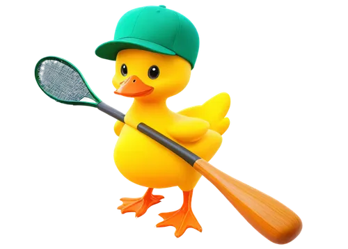 Yellow duck, sports logo, cartoon style, smiling face, bright eyes, green hat, sports jersey, baseball bat, soccer ball, basketball, tennis racket, dynamic pose, 3/4 composition, vibrant colors, gradi