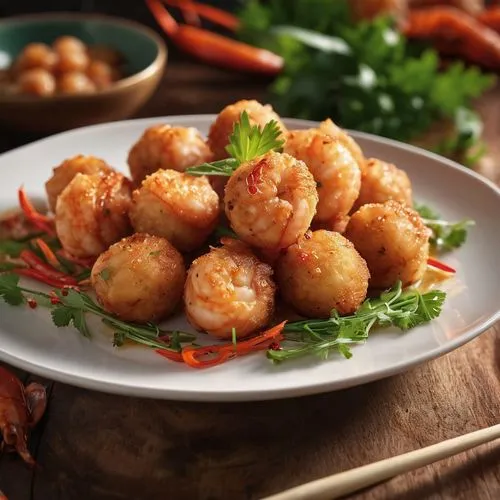 a plate of pan-fried shrimp balls,shrimp dumplings,cooked frozen arctic sweet shrimp,the best sweet shrimp,shrimp bean ball,sweet and sour chicken,shrimp croquette,baked shrimp with glass noodles,chic