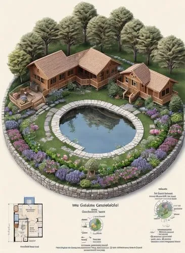 Gardening plan with wooden house , heart shaped pond, Small circular area, pine-tree, blue print drawing, water colour printed paper. Technical dimensions and caution , boundary with materials list.Wr