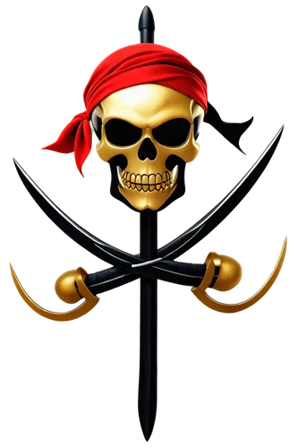 Pirate, basketball team logo, golden Jolly Roger flag, skull with bandana, crossed swords, red and black stripes, shiny metallic texture, 3D emblem, dynamic composition, low-angle shot, dramatic light