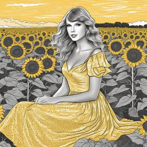 Taylor Swift sitting in a field of sunflowers wearing a yellow glitter dress,sunflower field,sunflowers,yellow garden,sun flowers,yellow daisies,yellow sun hat,daffodil field,yellow petals,yellow rose