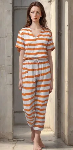 full body view:(female prisoner)(barefooted, barefoot, bare feet)(normal ideal human proportions, real human proportions)(medium buxom)(neutral expression, natural face, natural lips, pale lips)(long 