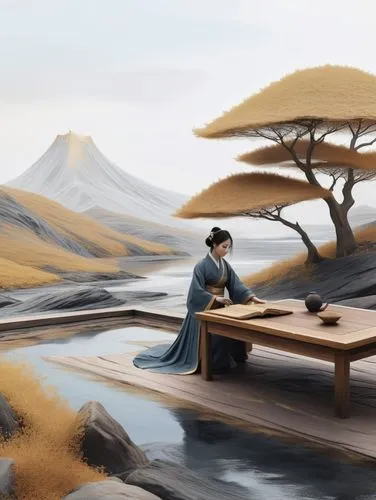 in a surreal landscape, three-dimensional brushstrokes of ancient Japanese art can be seen showcasing the beauty and texture of the raw materials. The air is thick with the scent of fresh herbs, and a