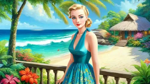 Romantic masterpiece oil painting, cute girl portrait, nostalgic 1950's style kitsch, vibrant rainforest bungalow landscape, lush tropical jungle paradise, summer beach scenery, by Thomas Kinkade, by 