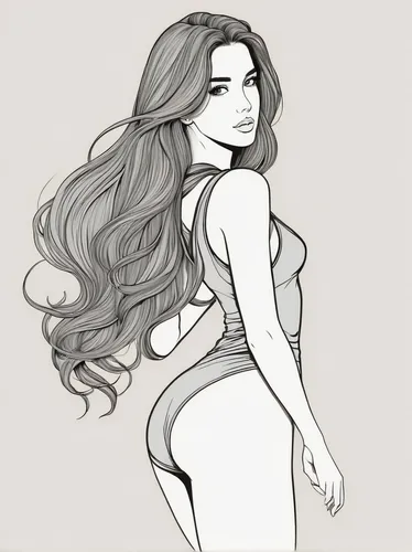 long hair,smooth hair,kim,persian,fashion illustration,girl from the back,digital drawing,digital illustration,girl from behind,oriental longhair,lace wig,british semi-longhair,british longhair,rapunzel,pinup girl,brunet,line-art,curves,cg,burlesque,Illustration,Vector,Vector 14