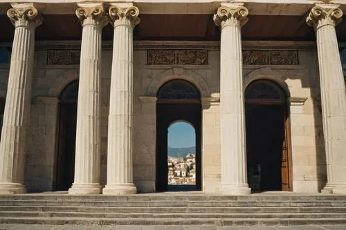 Ancient Greek architectural style, Doric columns, ornate marble carvings, intricate frieze details, grandiose entrance, symmetrical facade, massive stone blocks, rustic texture, warm afternoon sunligh