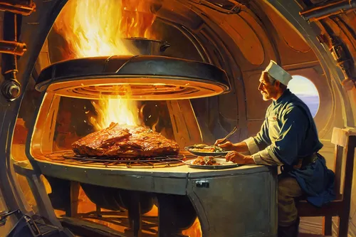 pizza oven,beekeeper's smoker,beekeeping smoker,fire artist,tandoor,dwarf cookin,masonry oven,rotisserie,cooking book cover,cannon oven,fire master,laboratory oven,wood-burning stove,steelworker,blacksmith,cookery,chef,log fire,smelting,men chef,Art,Classical Oil Painting,Classical Oil Painting 42