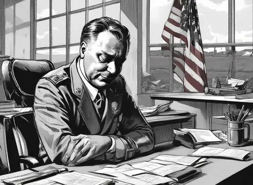 german mayor of Cottbus sitting at a desk on an airfield in 1927 in Cottbus with an american flag on the desk in black and white photography,richard nixon,c m coolidge,hitchcock,administration,1943,19