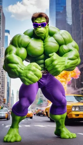 Arnold Schwarzenegger, The Hulk, muscular body, green skin, ripped purple pants, massive chest, bulging biceps, intense facial expression, sunglasses, city streets, skyscrapers, cars crashing, debris 