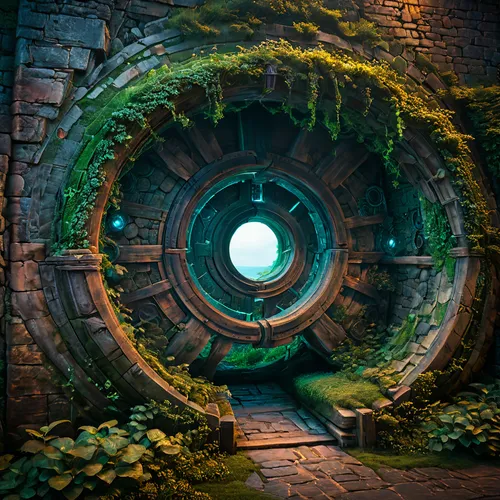 stargate,portals,fairy door,tunnel of plants,terrarium,portal,plant tunnel,3d fantasy,porthole,wishing well,keyhole,wall tunnel,labyrinth,time spiral,round window,garden door,semi circle arch,hobbiton,fantasy landscape,threshold