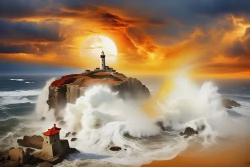 lighthouse on  Shining on a rough rock that is being pounded hard by the raging ocean waves, a big orange sun fighting with storm clouds to shine light from behind the storm clouds,a lighthouse in the