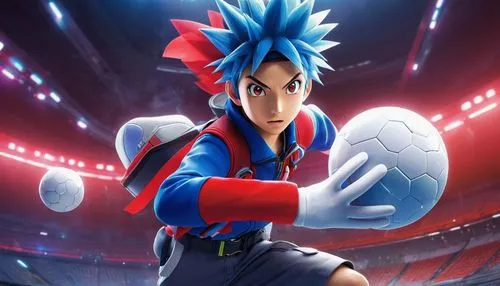 Pokémon trainer, dynamic pose, energetic facial expression, spiky hair, bold eyebrows, sporty outfit, red and blue uniform, white gloves, Pokémon ball belt, intense gaze, dramatic lighting, misty aren