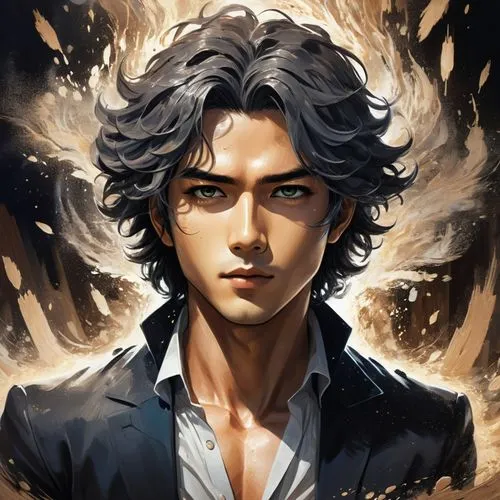 Concept art portrait made out of saw dust and wood splashes, male, very handsome, ambient lighting, ethereal and magical atmosphere, hdr, tousled hair and expressive eyes ,seregil,akanishi,carstairs,a