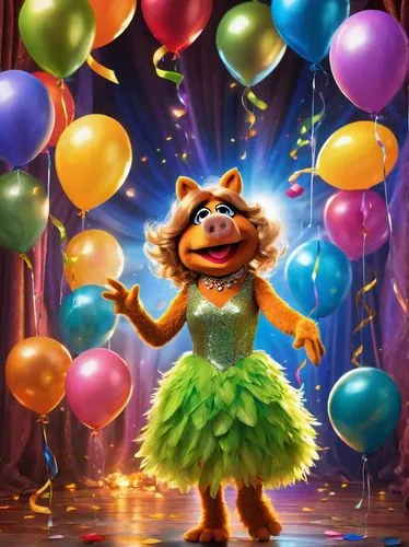 Kermit, Miss Piggy, Fozzie, Gonzo, Animal, Rowlf, Dr. Bunsen, Beaker, solo, group, shiny metallic stage, glittering curtains, bright spotlight, colorful balloons, confetti, celebratory atmosphere, bac