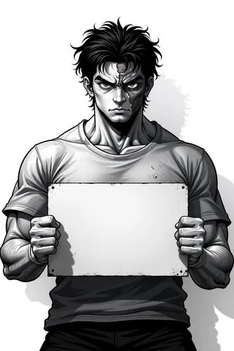 A high-contrast, black-and-white anime-style mugshot of a Polynesian male character with messy short black hair and a square, strong face, holding a blank placard in front of them at chest level. The 