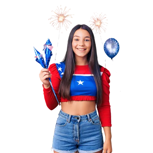 American flag, waving in wind, fireworks explosion, night sky, July 4th decorations, balloons, streamers, festive atmosphere, happy children, smiling faces, holding sparklers, casual clothes, summer o