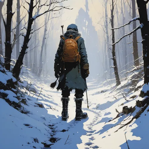 snow trail,the wanderer,hiker,mountain guide,winter background,wanderer,parka,winter landscape,snow scene,backpacking,wander,winter clothing,digital nomads,adventurer,hard winter,winter light,footsteps,snow landscape,game illustration,trail,Conceptual Art,Sci-Fi,Sci-Fi 01