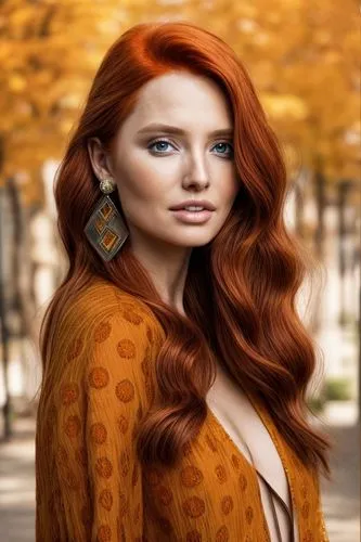 A wealthy lady with long auburn hair and orange blouse.,celtic woman,artificial hair integrations,redheads,red-haired,redhair,caramel color,red head,autumn background,autumn icon,oriental longhair,red