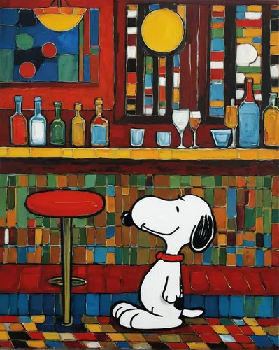 snoopy,bartender,unique bar,wine bar,glass painting,apéritif,alcoholic,bistro,drinking establishment,oil painting on canvas,liquor bar,aperitif,oil on canvas,winemaker,david bates,mondrian,barman,basset artésien normand,dog cafe,bar,Illustration,Abstract Fantasy,Abstract Fantasy 07