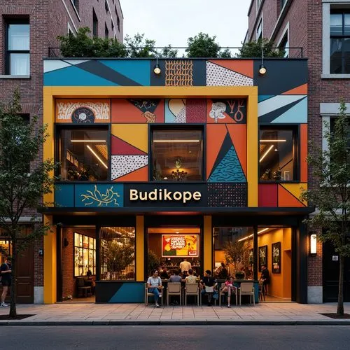 Vibrant pub exterior, eclectic postmodernist facade, bold color blocking, irregular geometric shapes, ornate metal decorations, neon signs, LED light installations, abstract murals, distressed brick w