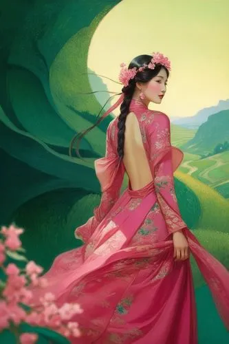 an elegant asian lady, wearing a deep pink cherry backless flowy dress, the background of beautiful deep emerald terraced fields,a woman in a pink dress is walking with flowers around her,hanfu,anarka