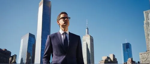 Middle-aged, male, architect, standing, confident pose, stylish glasses, short brown hair, clean-shaven, formal attire, white shirt, black tie, dark blue suit, holding a blueprint, New York Metropolit