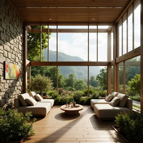 sunroom,home landscape,house in the mountains,landscaped,lefay,amanresorts,house in mountains,roof landscape,3d rendering,verandah,beautiful home,conservatories,veranda,interior modern design,render,the cabin in the mountains,chalet,front porch,minotti,wooden windows